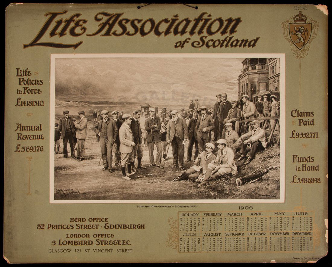 1906 Calendar w/art by Michael Brown: Title: 1906 Calendar for Life Association of Scotland with golfing print by Michael Brown Author: Brown, Michael Description: Advertising calendar with 24.5x39 cm. (9¾x15¼") sepia-tone illustration