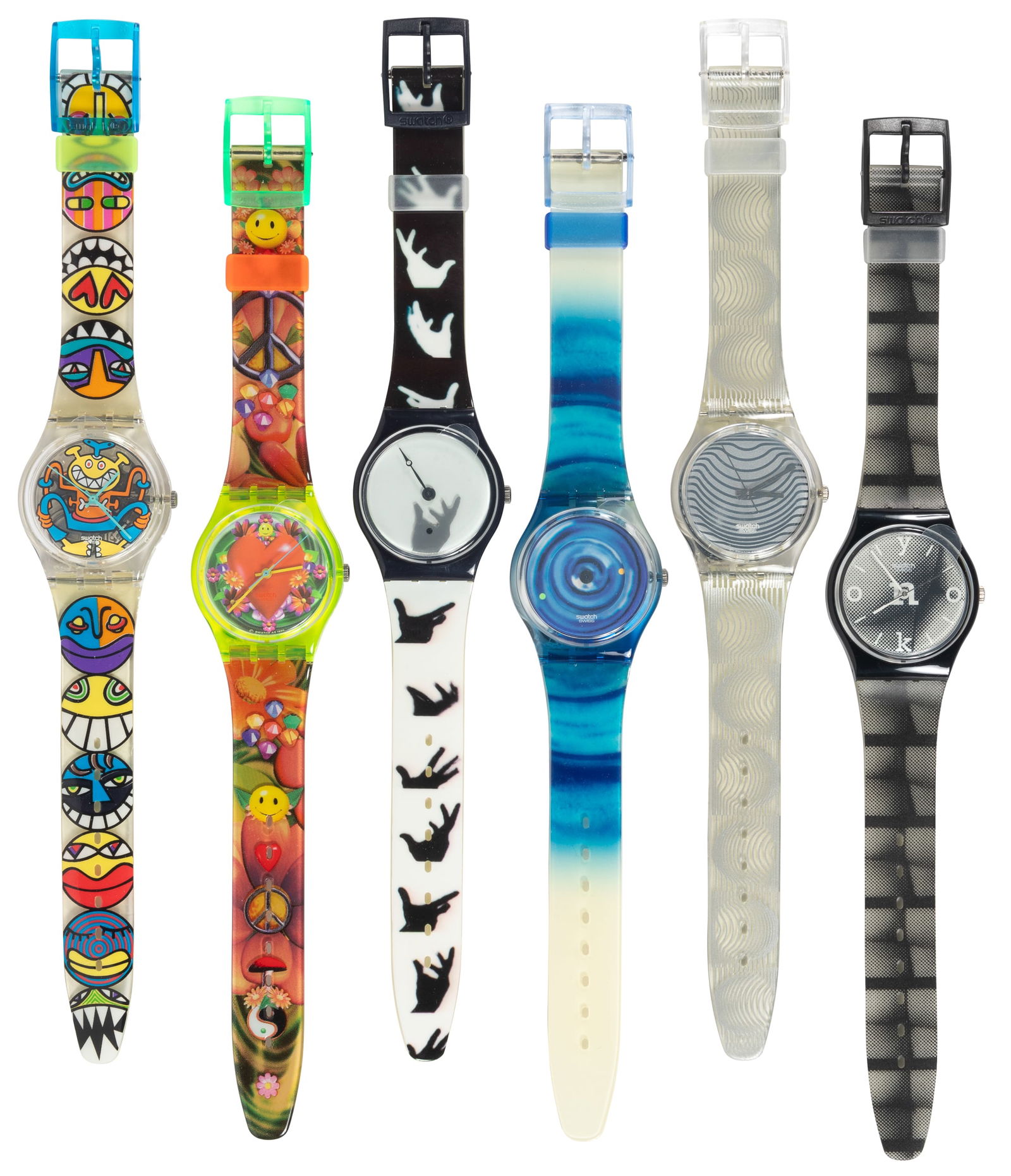 SWATCH: Lot of 6 Designer Watches: Yoko Ono, etc.: Heading: Maker: Swatch Lot Name: Lot of Six Designer Watches in Lucite Display Case: Yoko Ono, Victor Vasarely, Studio Azzuro, Irit Batsry, Micha Klein, Jim Avignon Place: Date: Description: <