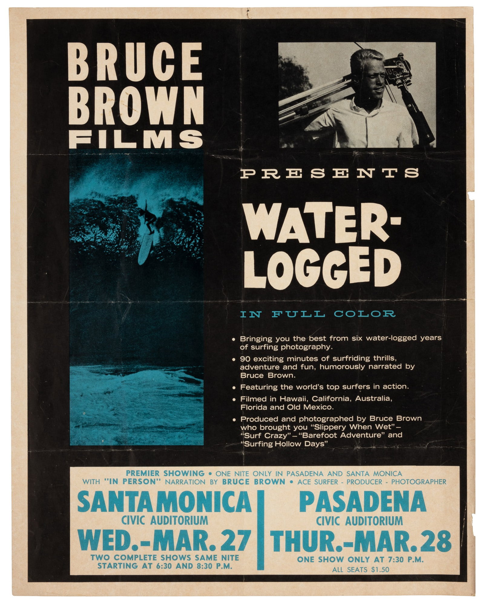Bruce Brown Water Logged promo poster: Heading: (Surfing) Author: Brown, Bruce Title: Water Logged Place Published: No place. Publisher: Date Published: 1963 Description: Pictorial poster. 35.5x28 cm (14x11”).Scarc