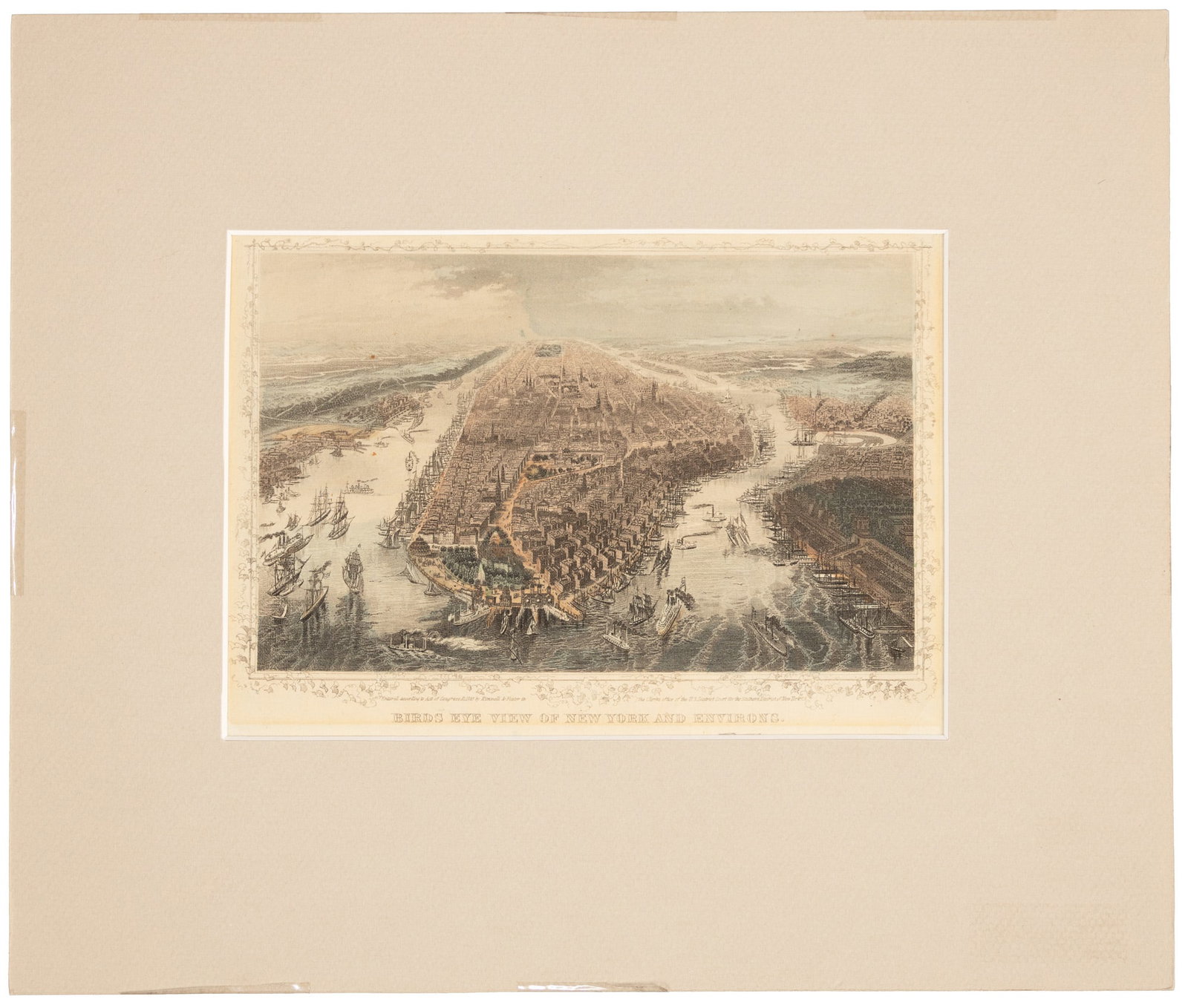 1865 Birds-eye View of New York City: Heading: (Maps) Author: Title: Birds Eye View of New York and Environs Place Published: New York Publisher:Kimmel & Foster Date Published: 1865 Description: Hand-colored, engraved