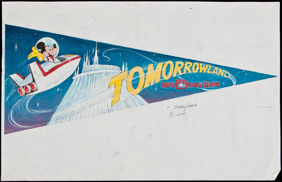 Artwork for pennant for Tomorrowland Disney World: Title: Original artwork for pennant for Tomorrowland at Disney World in Florida Author: ** Description: Watercolor & gouache(?) on paper. Sheet is 28x43 cm. (11x16¾").Mickey pilots a spaceship/roadst