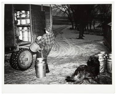 John Vachon F.S.A. photograph, milk man: Heading: Author: Vachon, John Title: Milk man calls for the milk at Pat McRaiths farm about 7am, Meeker County, Minn. Place Published: Publisher: Date Published: Feb. 1942 Description