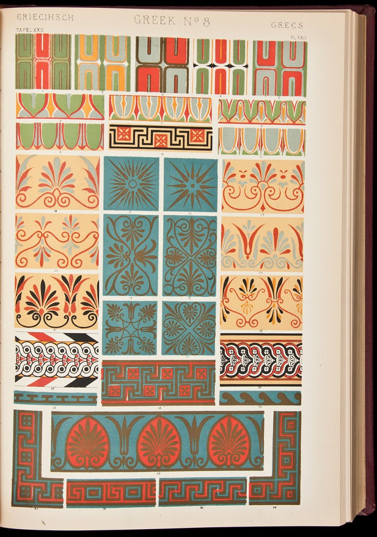 Owen Jones The Grammar of Ornament: Title: The Grammar of Ornament Author: Jones, Owen Description: Illustrated with 112 plates, including chromolithograph title; mostly chromolithographs, many heightened in gold or silver. (Folio) 32.5