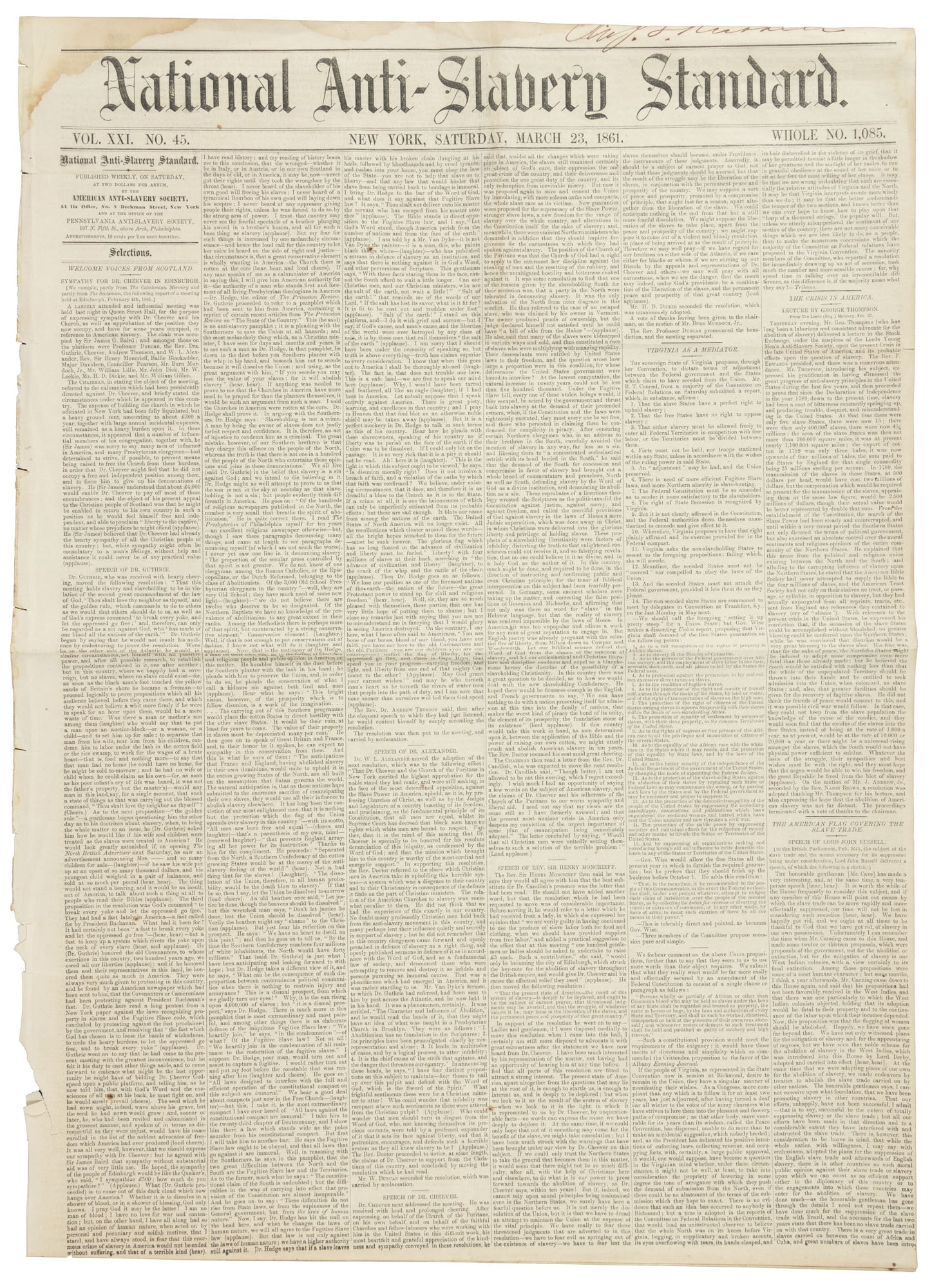 Worried abolitionists on the eve of Civil War: Heading: (African American, 1861) Author: [Oliver Johnson, ed.] Title: National Anti-Slavery Standard Place Published: New York, Philadelphia Publisher:American Anti-Slavery Society Date Publishe