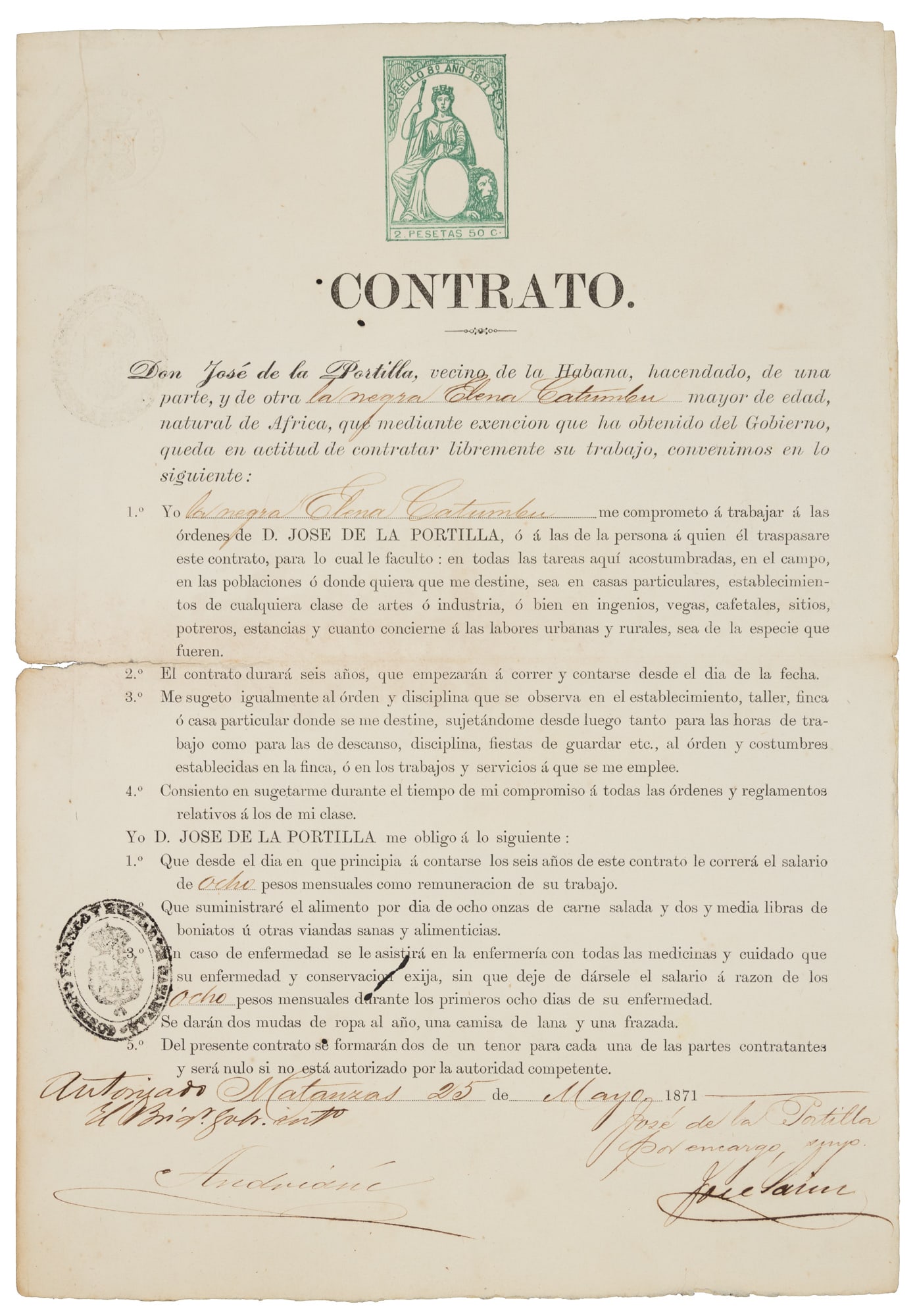 Contract with liberated slave in Cuba 1871: Heading: (Cuba - Slavery) Author: Title: Labor contract for an emancipated African slave Place Published: Havana, Cuba Publisher: Date Published: May 25, 1871 Description: 1 page,
