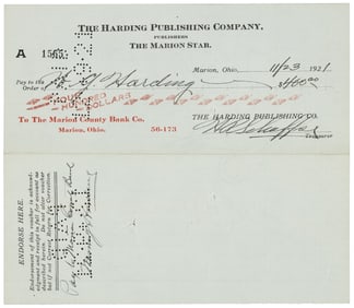W.G. Harding signed check as President