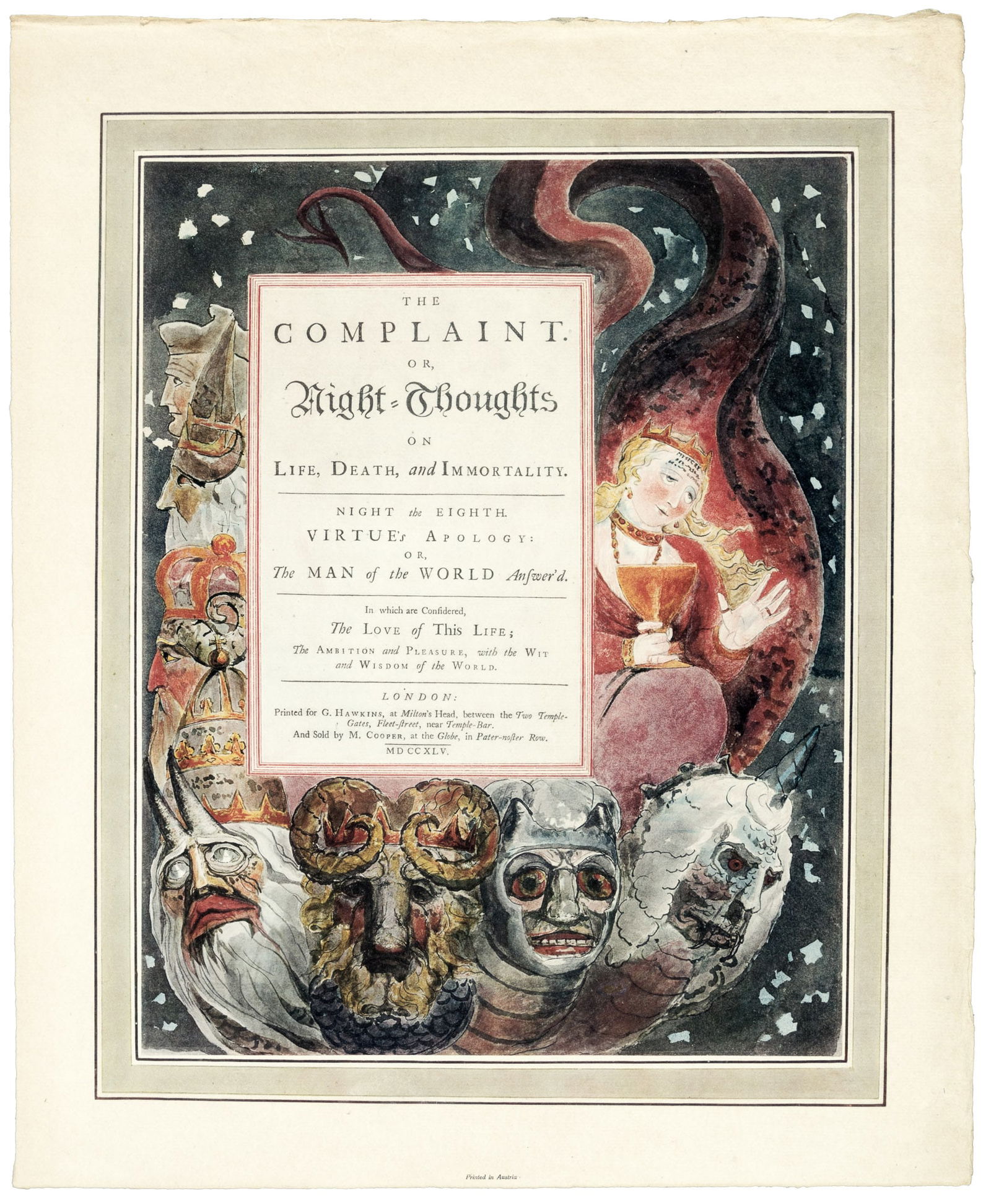 Includes an original engraving by Blake: Heading: (Blake, William) Author: Title: Illustrations to Young's Night Thoughts Done in Water-Colour by William Blake Place Published: Cambridge, MA Publisher:Printed for the Fogg Museum by the Pres