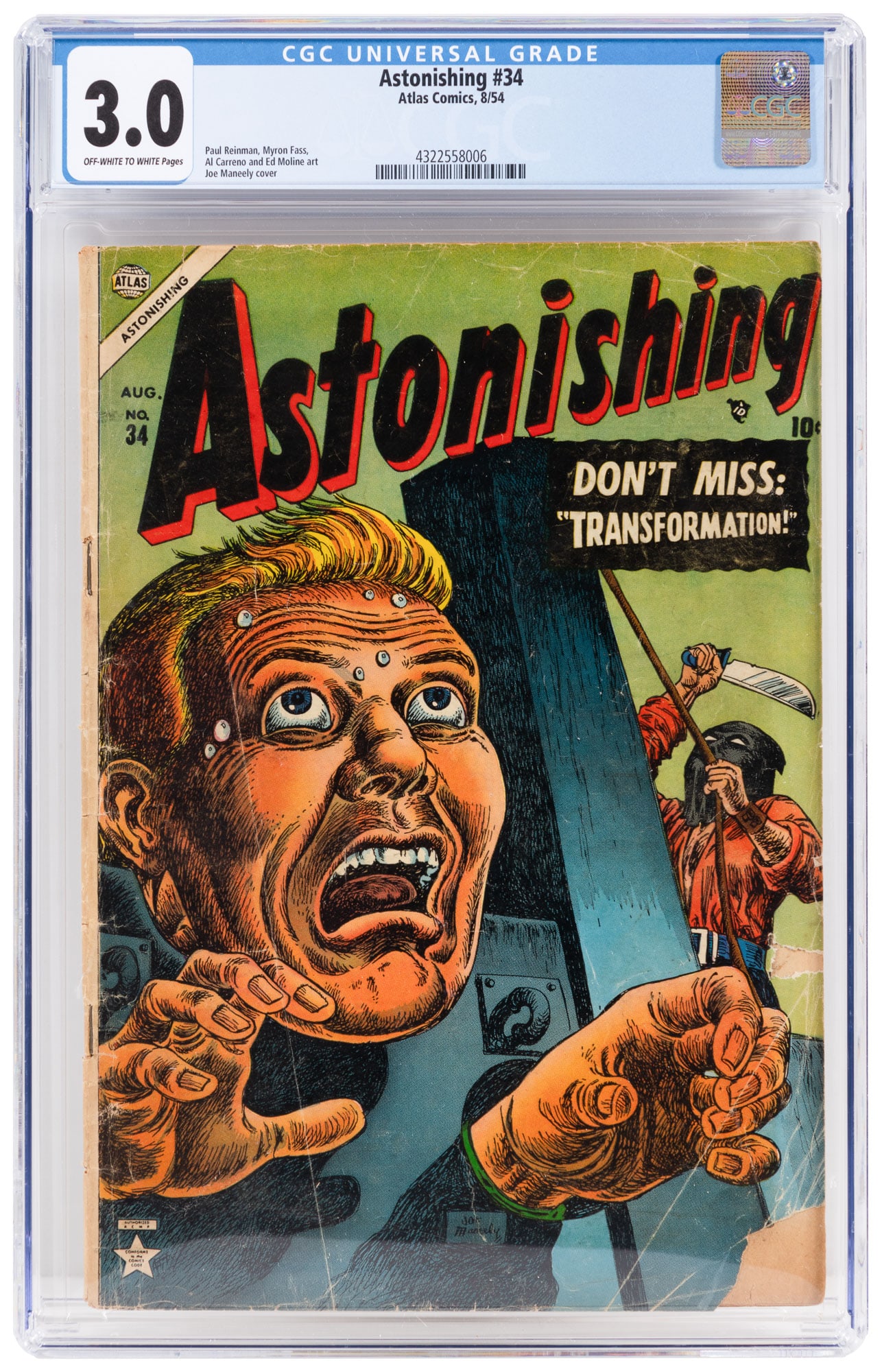 ASTONISHING #34 * CGC 3.0 * GUILLOTINED GUY * MOOK INTO MOLL: Author: Title: ASTONISHING No. 34 Place Published: Publisher:Atlas [Indicia: 20th Century Comics Corp.] Date Published: August, 1954 Description: CGC certified: G/VG (3.0). Off-white to whit