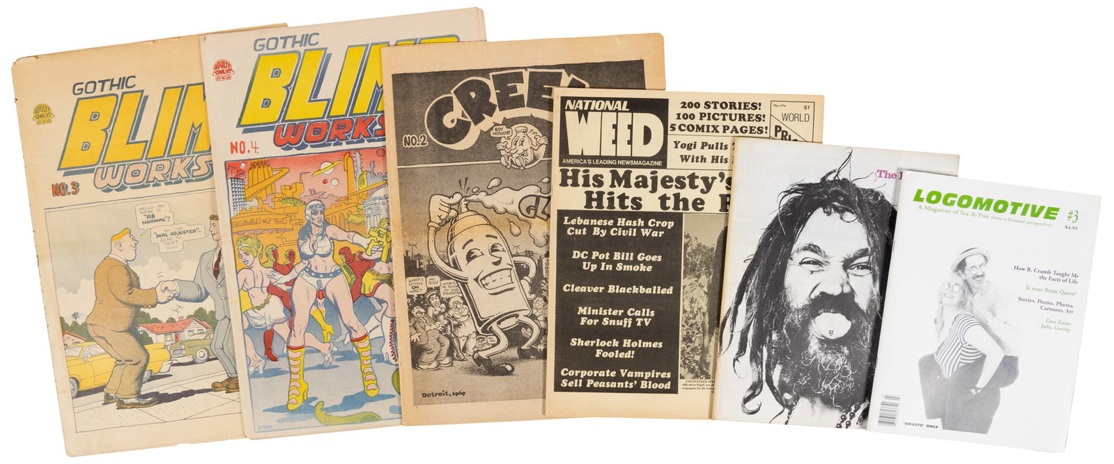Lot of 6 Counterculture Mags * Crumb * Gothic Blimp Works * Boy Howdy: Author: Crumb, Robert & others Title: NATIONAL WEED, GOTHIC BLIMP WORKS, CREEM and More * Lot of 6 Counterculture Magazines Place Published: Publisher:Various Date Published: 1969-1976 Descriptio