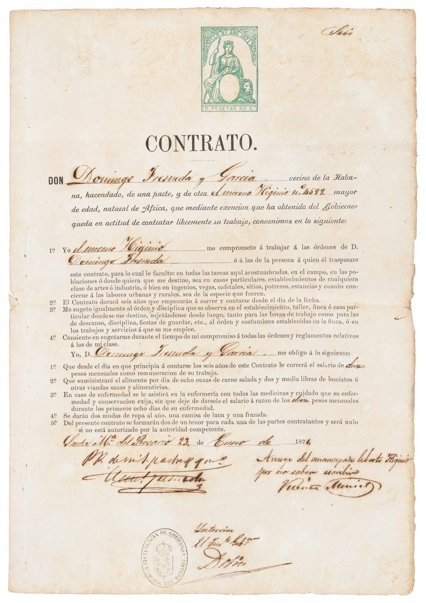 Labor contract for freed Cuban slave 1871: Heading: (Cuba - Slavery) Author: Title: Labor contract for an emancipated African slave Place Published: Santa MarÃ­a del Rosario, Cuba Publisher: Date Published: 1871 Description: </