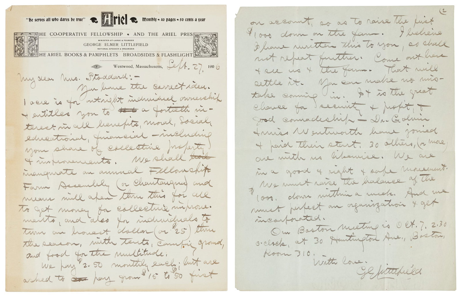 Guru of Santa Barbara Socialist commune: Heading: (Utopian colony) Author: Littlefield, George Elmer Title: Letter by Christian Socialist Minister to a prospective resident in his first Co-operative Place Published: Westwood, Massachusetts P
