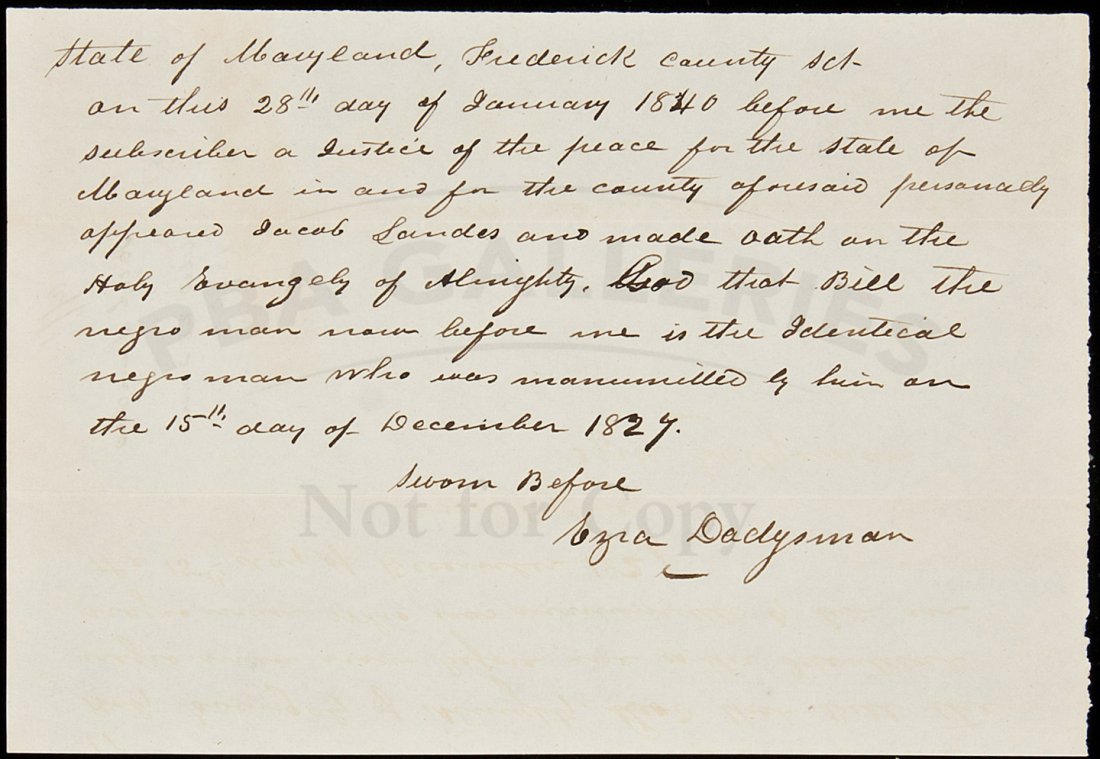 Maryland ex-slave's certificate of freedom 1840: Title: Maryland ex-slave's certificate of freedom Author: Dadyman, Ezra Description: Autograph document, signed. 1 pp. 5½x7, with docketing note on verso.This hand-written document states that Jacob 