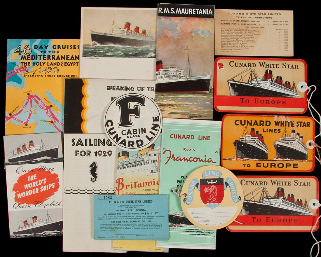 brochures & ephemera from Cunard ships 1930s: Title: Collection of brochures and ephemera from various Cunard Line ships Author: ** Description: Includes: 5 luggage tags. Colorful tags with original strings intact. * 2 boarding passes from a 1937