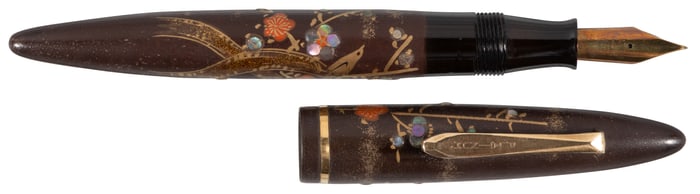 PLATINUM: Bird & Sakura Vintage Maki-e & Raden Ogival Fountain Pen, Volcano Surface""