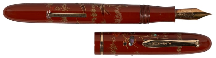 PLATINUM Red Lacquer Bird & Blossoms Maki-e and Aogai Fountain Pen, c.1950s