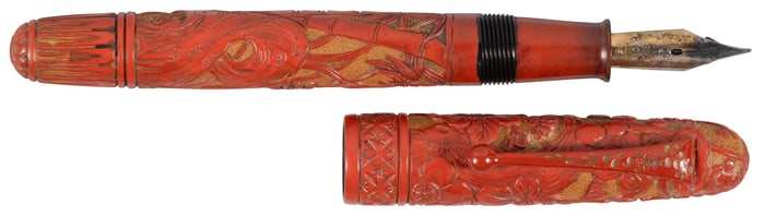 [JAPANESE LACQUER] Hand-Carved Red Lacquer Fountain Pen, c.1930s