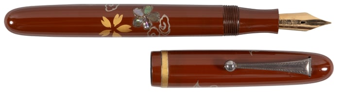 PLATINUM: Red Urushi & Raden Flowers Vintage Maki-e Fountain Pen, c.1950s