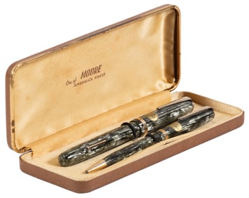 MOORE: Grey-Green Celluloid Fountain Pen & Pencil Set, c.1930s