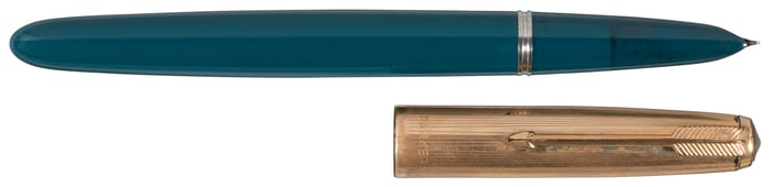 PARKER 51 Teal Blue Fountain Pen, Rolled Gold Cap, 1950s