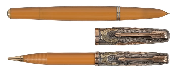 PARKER 51: Mustard Yellow Fountain Pen & Pencil, Custom Silver Cap, 1940s