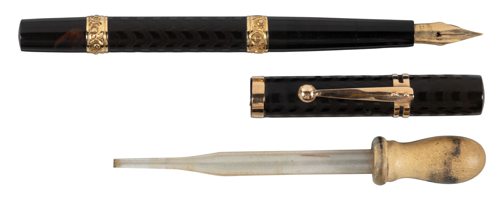 WATERMAN: #12 Chased Black Hard Rubber Eyedropper, Gold-Filled Bands, c.1915 (1 of 5)