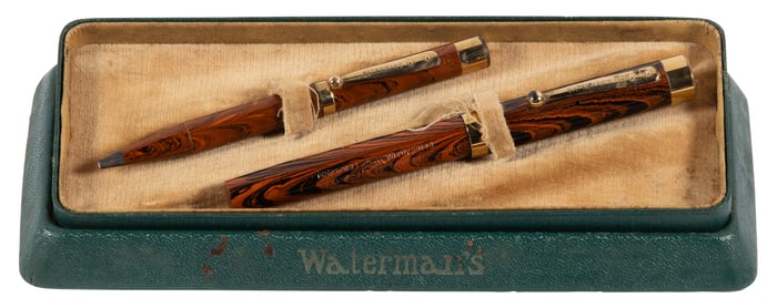 WATERMAN: #52Â½ V Red Ripple Hard Rubber Fountain Pen and Pencil Set, Original Box, 1920s