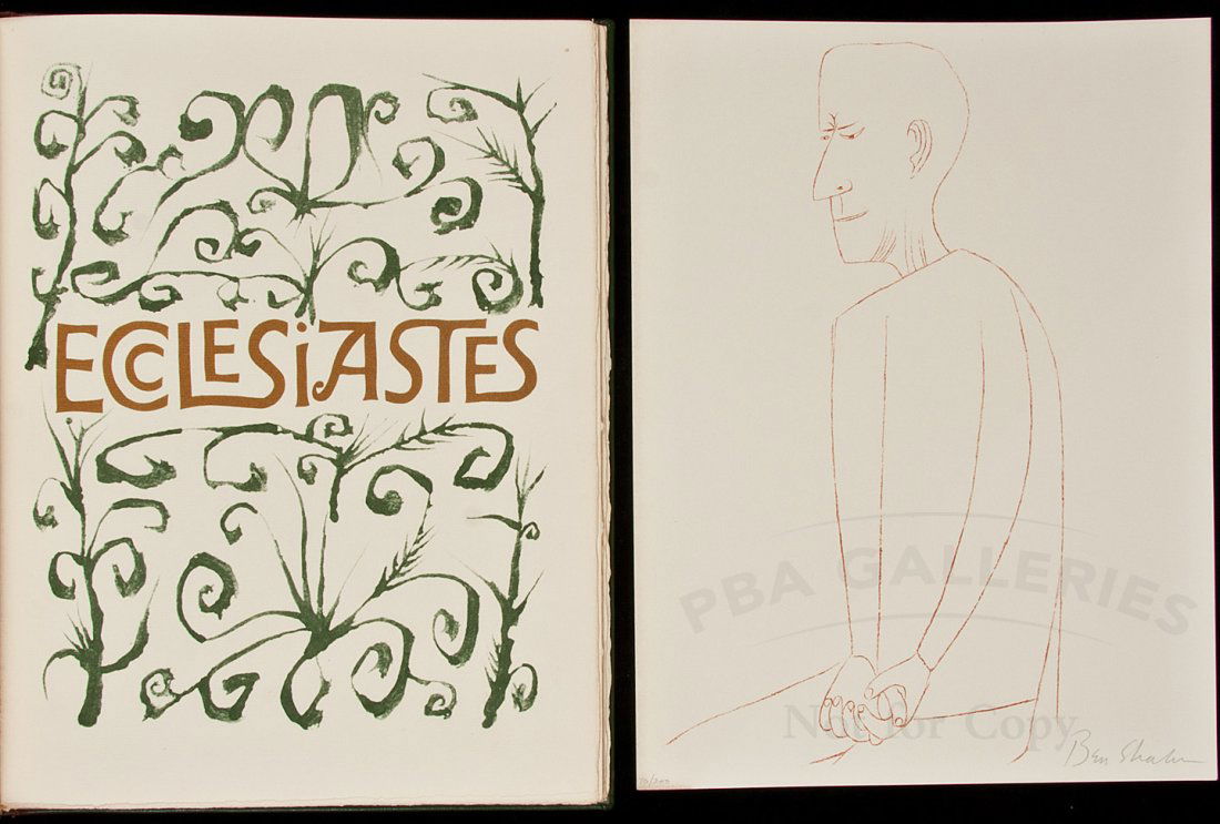 Ecclesiastes illum. by Ben Shahn Trianon Press: Title: Ecclesiastes, or, the Preacher Author: Shahn, Ben Description: Copied & Illustrated by Ben Shahn. Original lithograph loose in packet at rear. 33x25 cm. (13x10"), full green morocco, spine lett
