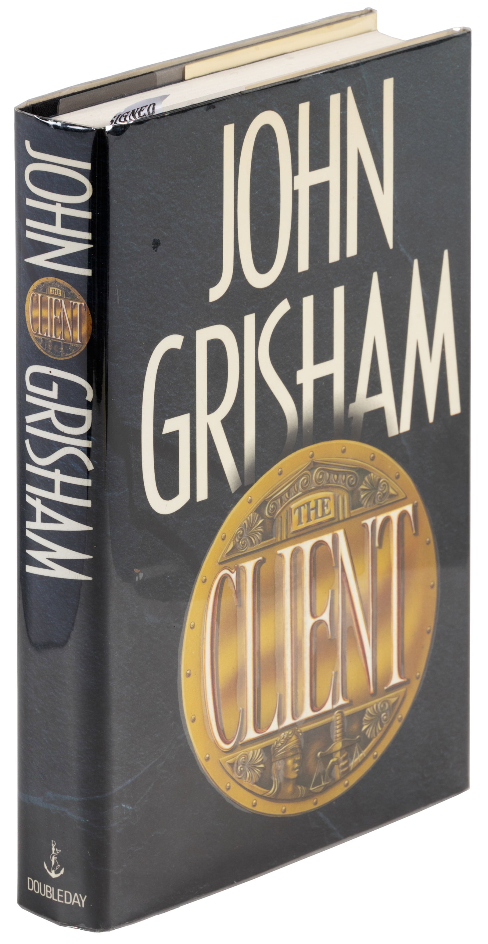 Grisham's The Client, signed: Heading: Author: Grisham, John Title: The Client Place Published: New York Publisher:Doubleday Date Published: 1993 Description: 422 pp. Quarter black cloth, gray paper covered boa