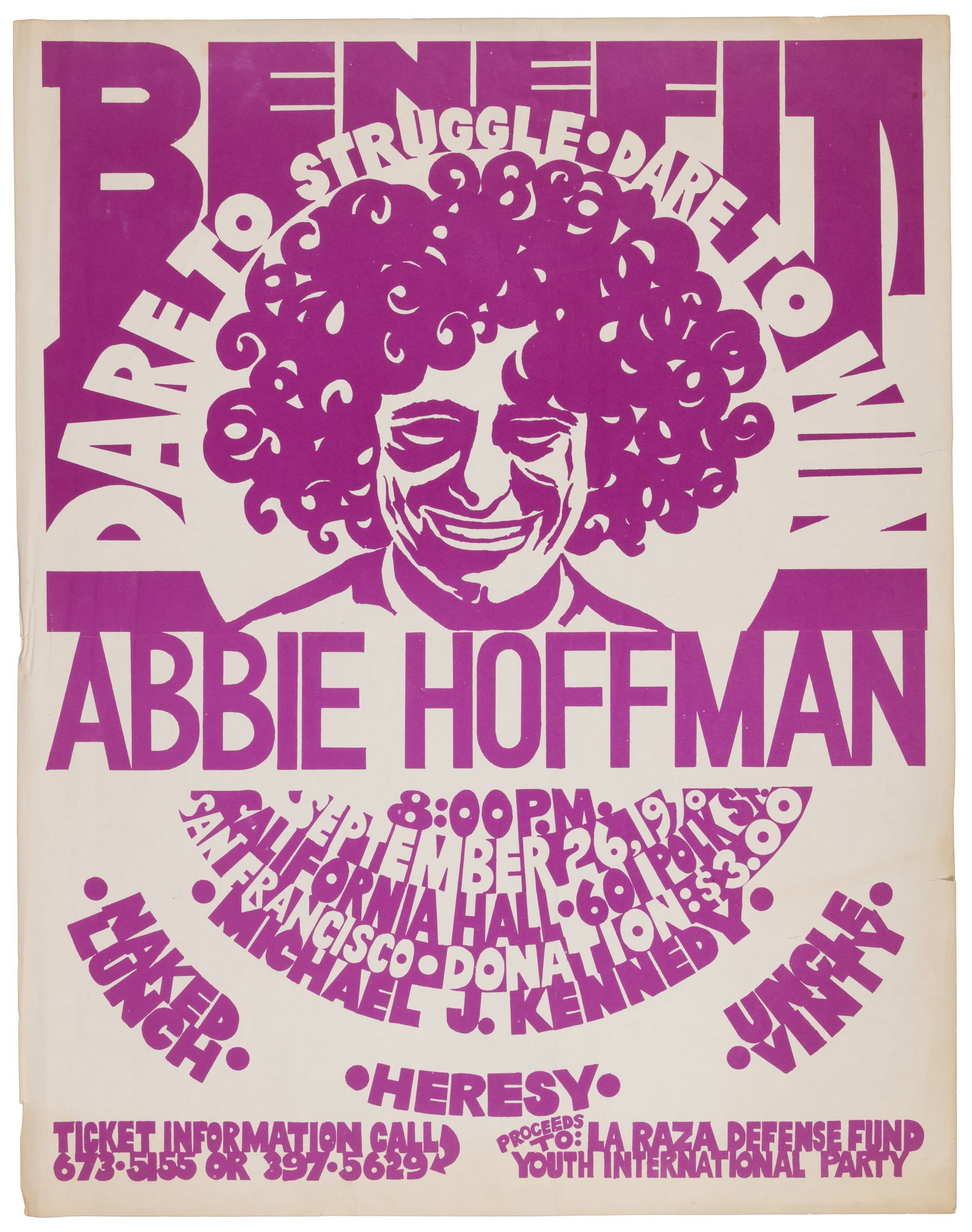 Abbie Hoffman Yippie poster, 1970: Heading: (Hoffman, Abbie) Author: Title: Dare to Struggle - Dare To Win - Abbie Hoffman Beneifit poster Place Published: San Francisco Publisher:Youth International Party Date Published: 197