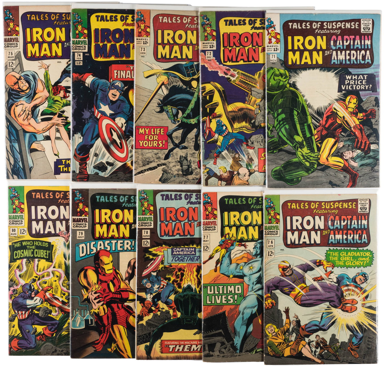TALES OF SUSPENSE #s 71-80 * Lot of 10 Comics: Heading: 128 Author: Title: TALES OF SUSPENSE Nos. 71-80 * Lot of Ten Comics Place Published: Publisher:Marvel [Indicia: Vista Publications, Inc.] Date Published: 1965-1966 Descriptio