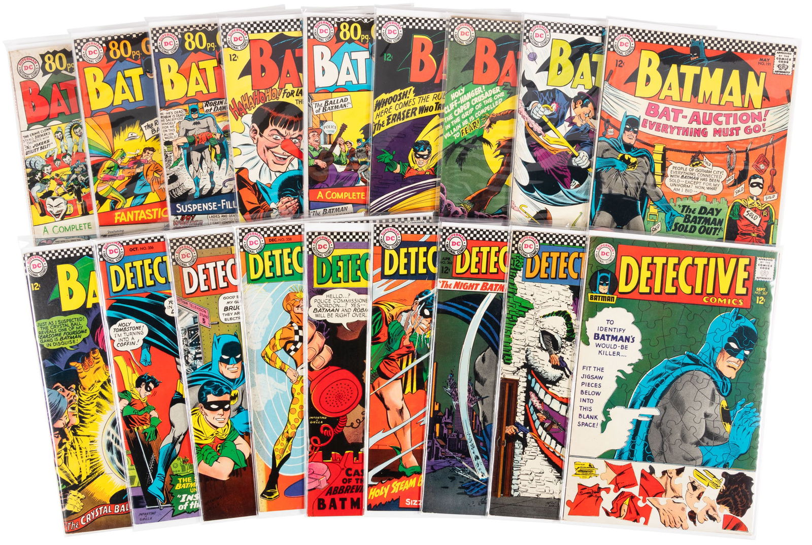 BATMAN and DETECTIVE COMICS * Lot of 18 Comics * 1960s: Heading: 297 Author: Title: BATMAN Nos. 176, 182, 185, 186, 187, 188, 189, 190, 191, 192 [and] DETECTIVE COMICS Nos. 356, 357, 358, 360, 361, 362, 365 and 367 * Lot of 18 Comics Place Published: Pub