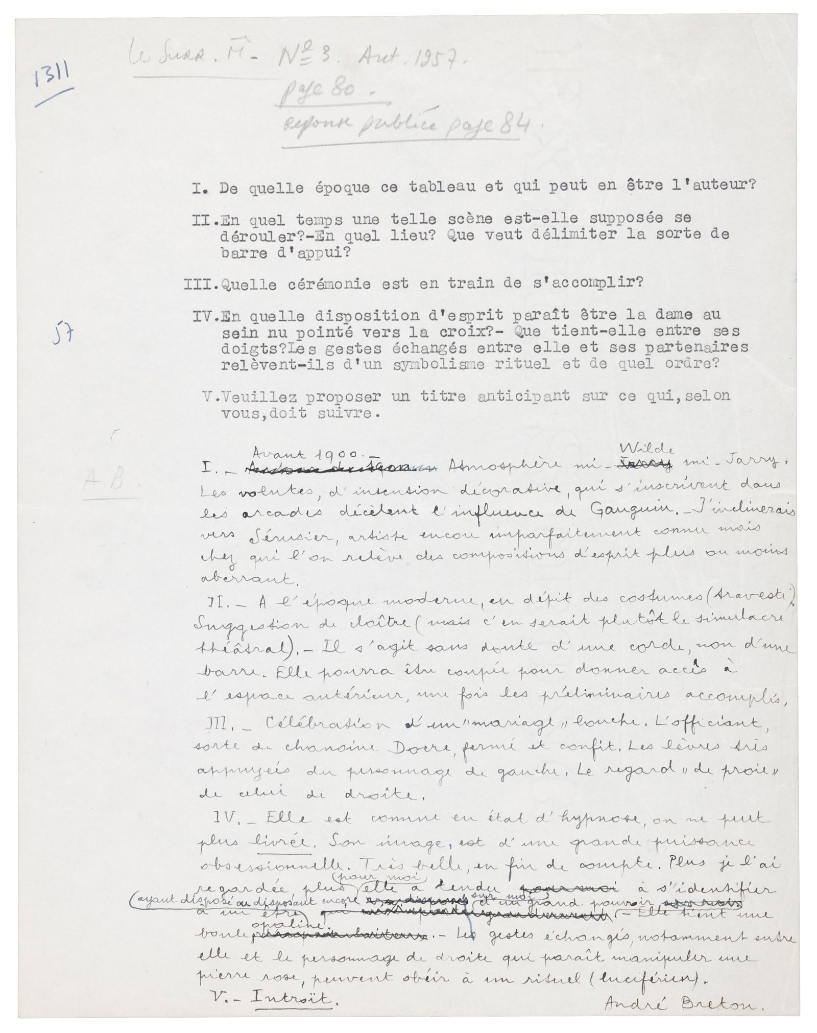 André Breton writes to Jacques Pauvert: Heading: Author: Breton, AndrÃ© Title: Autograph letter from AndrÃ© Breton to Jean-Jacques Pauvert Place Published: Publisher: Date Published: 1957 Description: Manuscript and typ