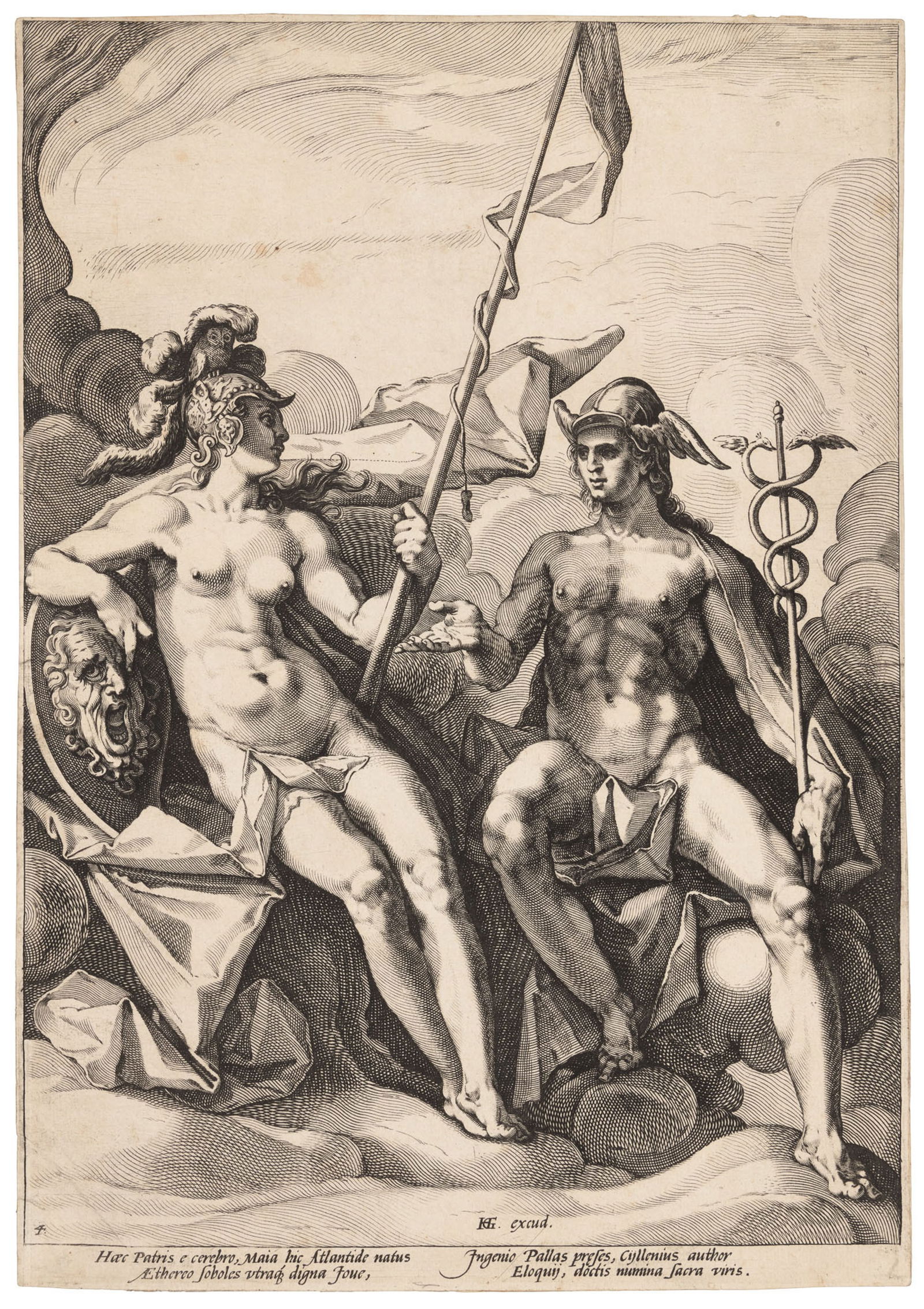 Engraving after Henry Golzius Athena & Mercury: Heading: Author: Goltzius, Henry Title: The Alliance of Athena and Mercury Place Published: Publisher: Date Published: c.1588 Description: Engraved by Jacob Matham after Henry Gol