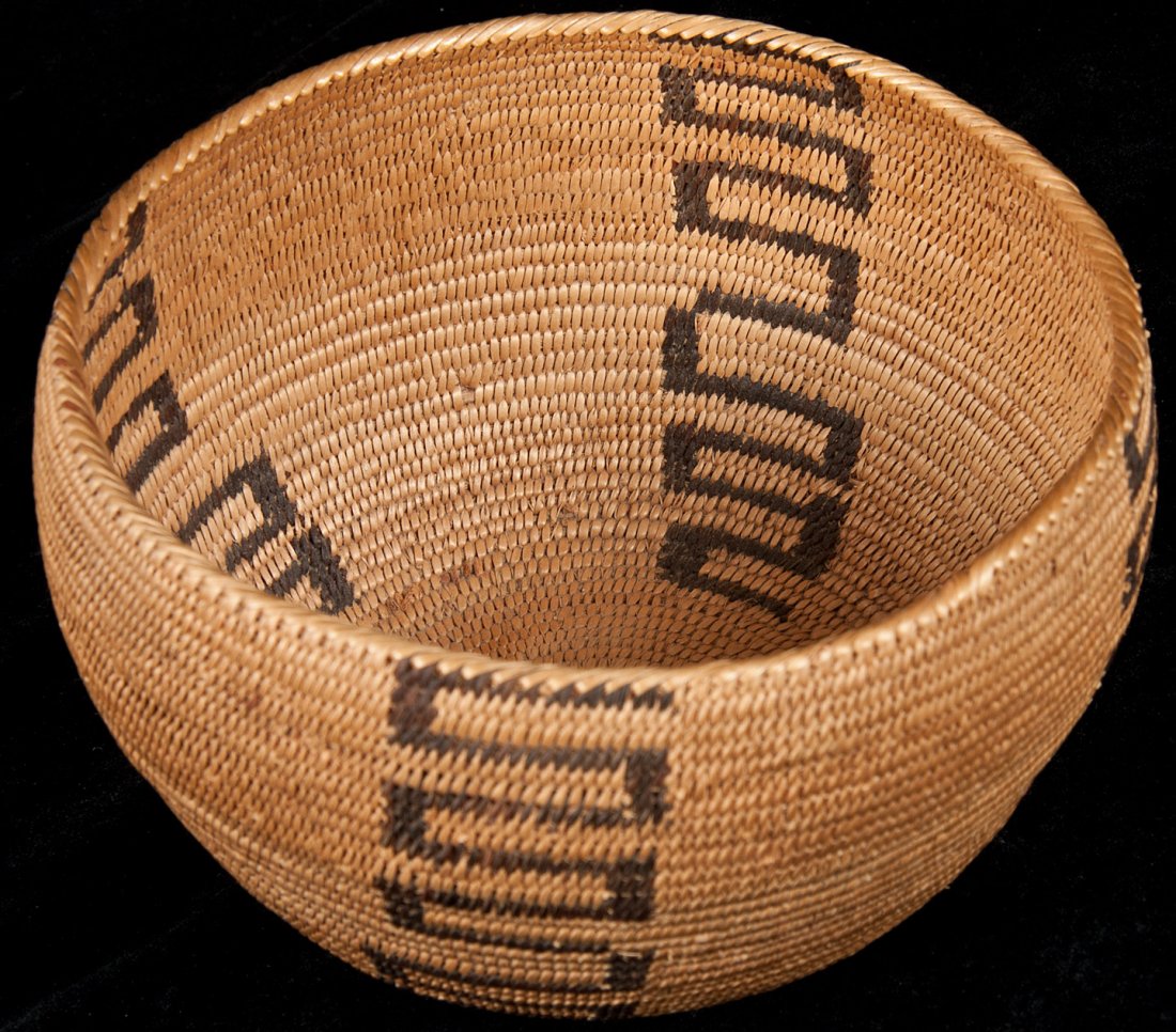 California Coiled Bowl - Paiute: Title: California Coiled Bowl - Paiute Author: ** Description: Peeled willow and bracken fern root on a 3-rod foundation with a whip stitched rim. Fag ends clipped. 7¼x4” high. Design: 4 vertical b
