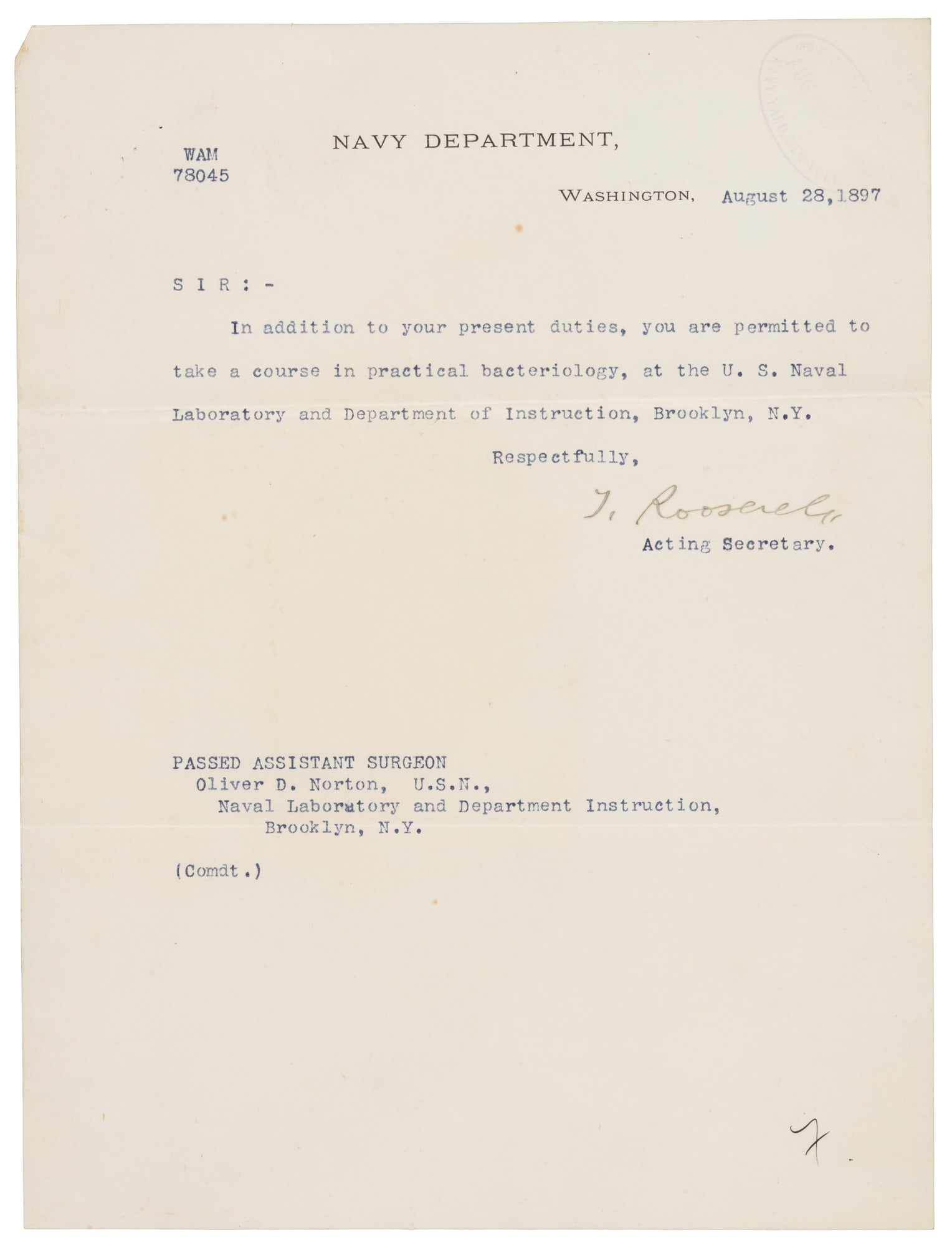 Navy Memorandum signed by Theodore Roosevelt (1 of 2)