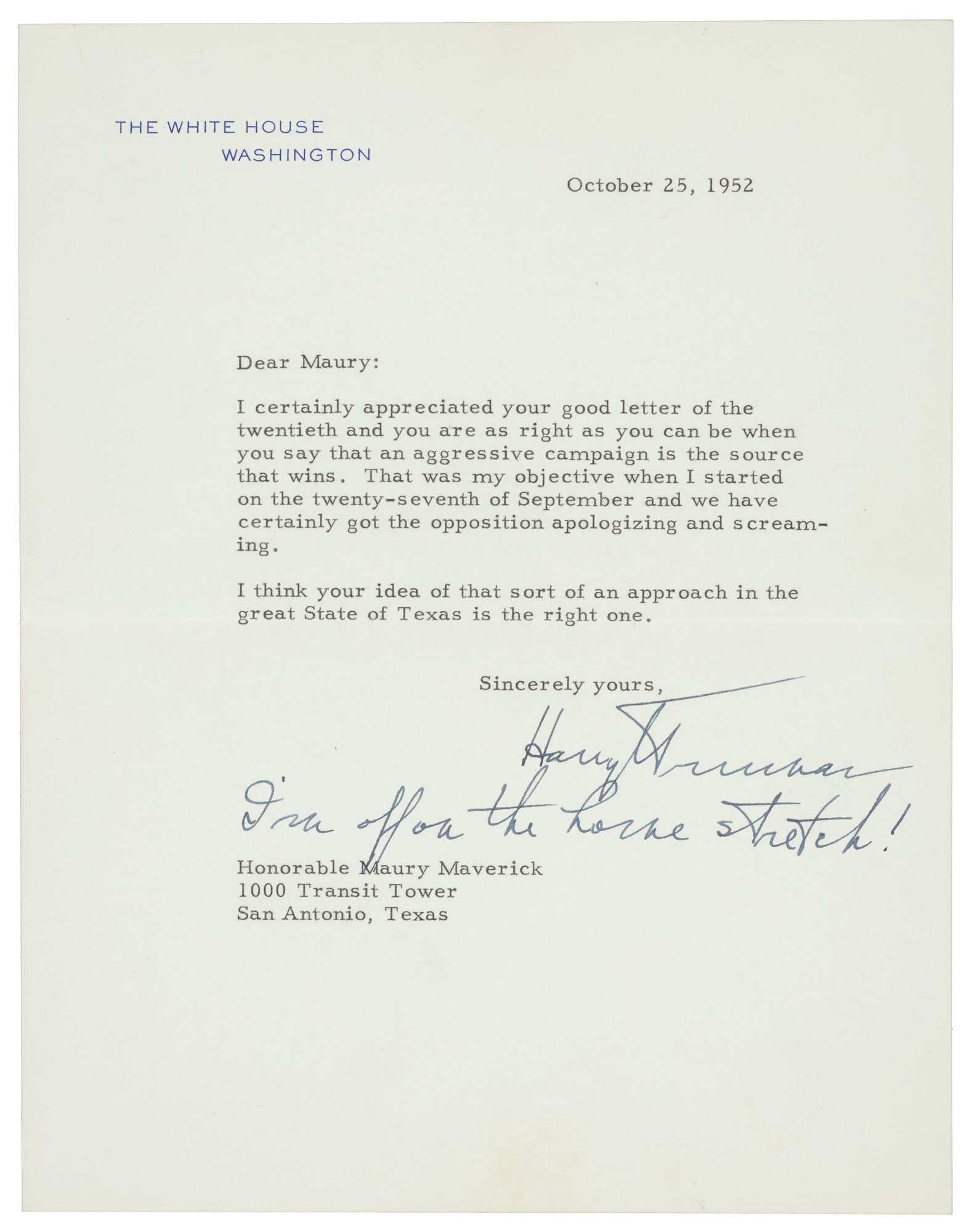 Typed letter signed by President Truman 1952 (1 of 1)