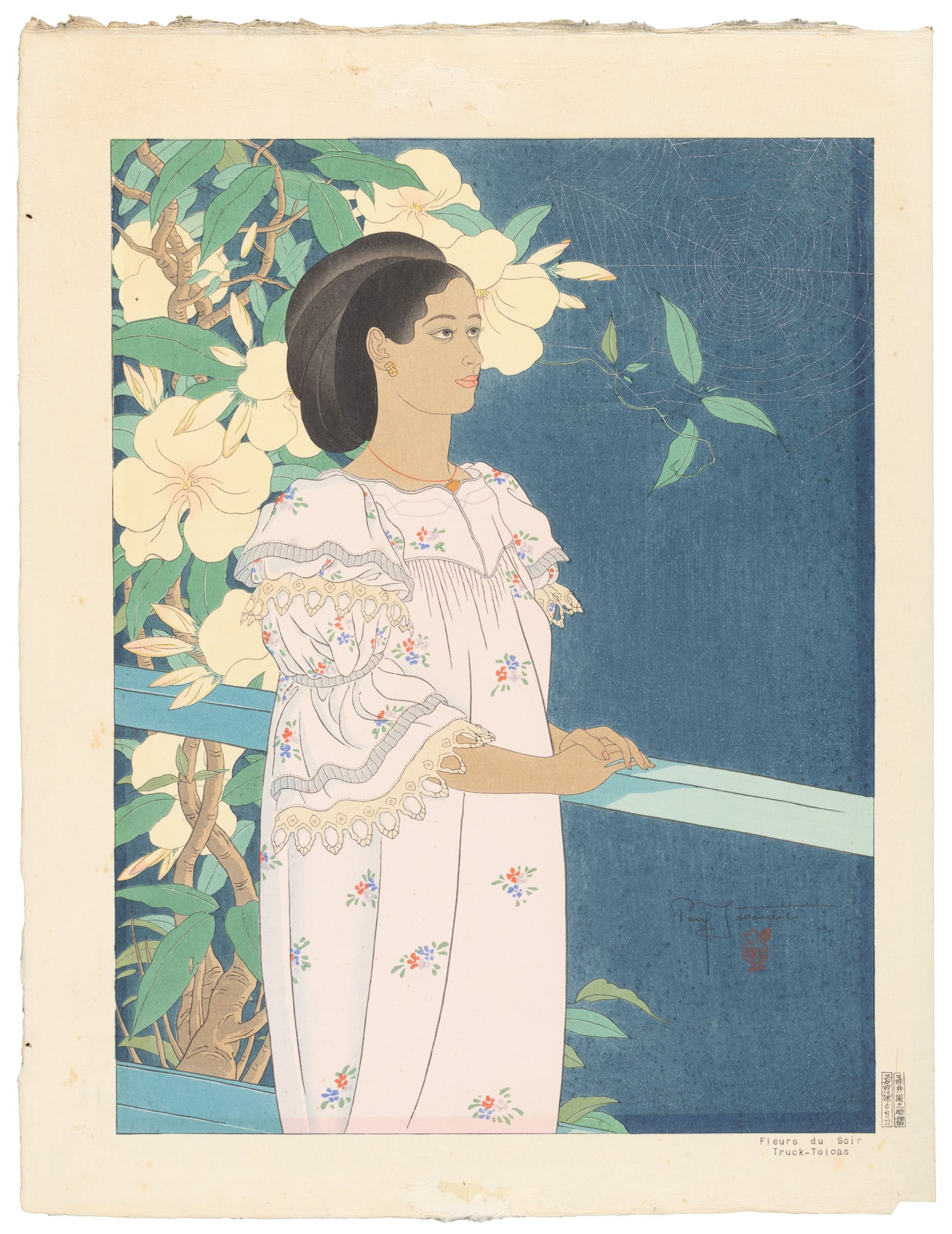 Fleurs du Soir, signed by Paul Jacoulet: Heading: Author: Jacoulet, Paul Title: Fleurs du Soir. Truck-Toloas Place Published: Publisher: Date Published: 1941 Description: Color woodblock print measuring 47x35.5 cm (18&fr