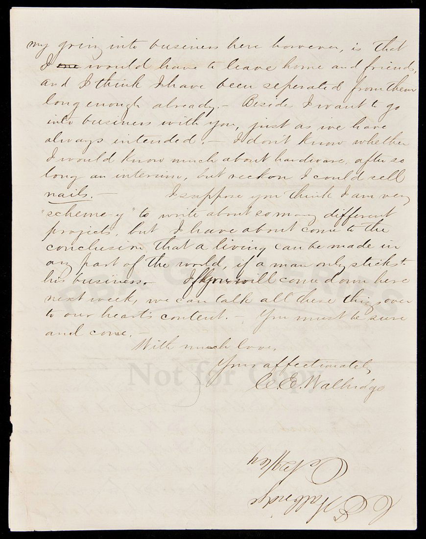ALs from Union soldier in Virginia: Title: Autograph Letter Signed from a Union soldier in Virginia who dreams of Post-War profit Author: Walbridge, C.E. Description: 4 pp. On stationery of Depot Quartermaster's Office of Bermuda, Va. W