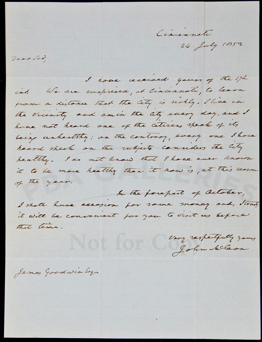ALs from John McLean 1852: Title: Autograph Letter Signed from John McLean while Associate Justice of the US Supreme Court - who dissented on the Dred Scott fugitive slave case Author: McLean, John Description: 1 pp. + stamples