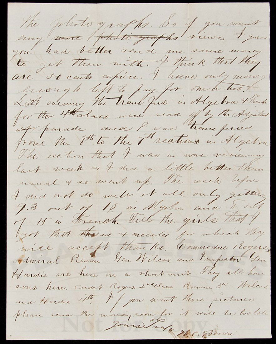 ALs from West Point Cadet in 1873: Title: Autograph Letter Signed from a Colorado Indian Fighter, Rough Rider, as a West Point Cadet Author: Brown, W.C. Description: 2 pp. With original mailing envelope.To his father, G.A.Brown, Denver