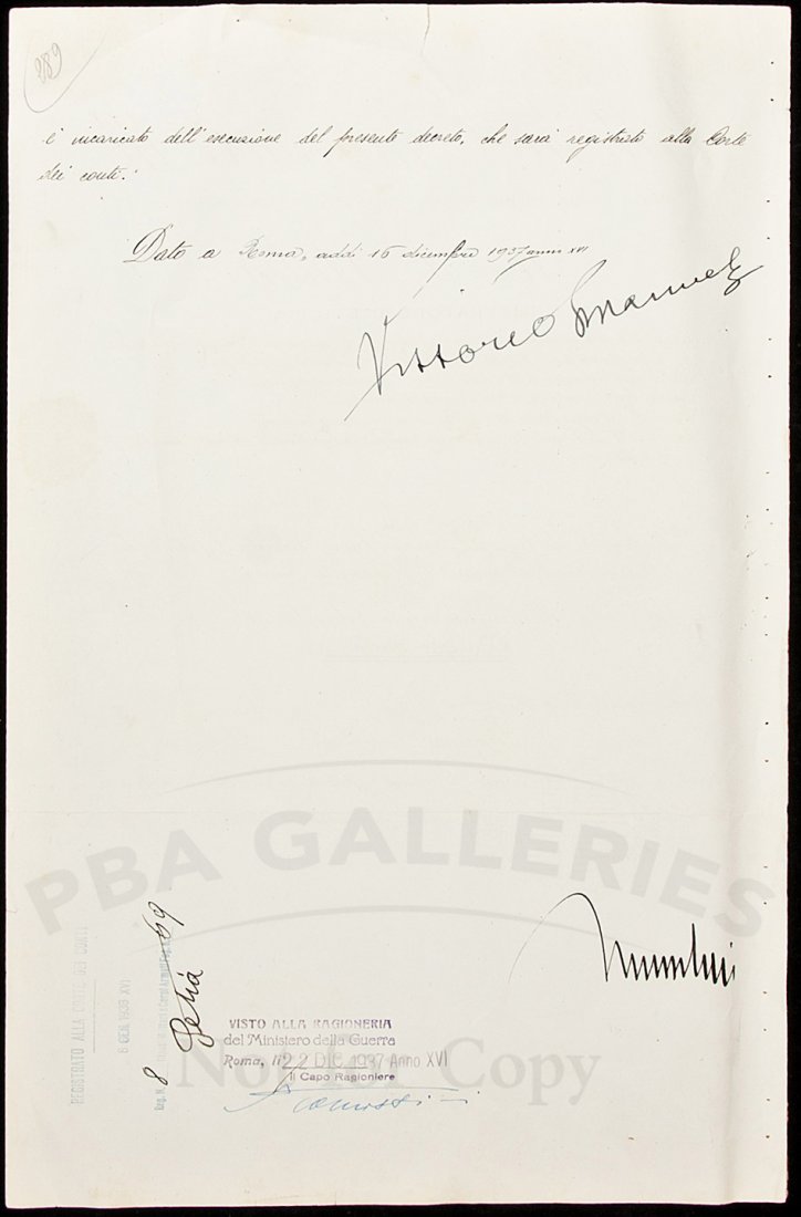 Benito Mussolini Document Signed: Title: Document signed by Vittorio Emanuele III, King of Italy and Benito Mussolini Author: Vittorio Emanuele III, King of Italy Description: 2 page printed and manuscript document signed by Vittorio 