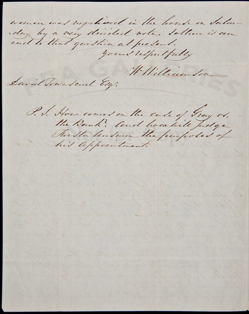 ALs from Penn Senator about women's rights: Title: Autograph Letter Signed from Pennsylvania State Senator commenting on an a bill that was struck down regarding married women's rights Author: Williamson, W. Description: 2 pp. + Stampless addre