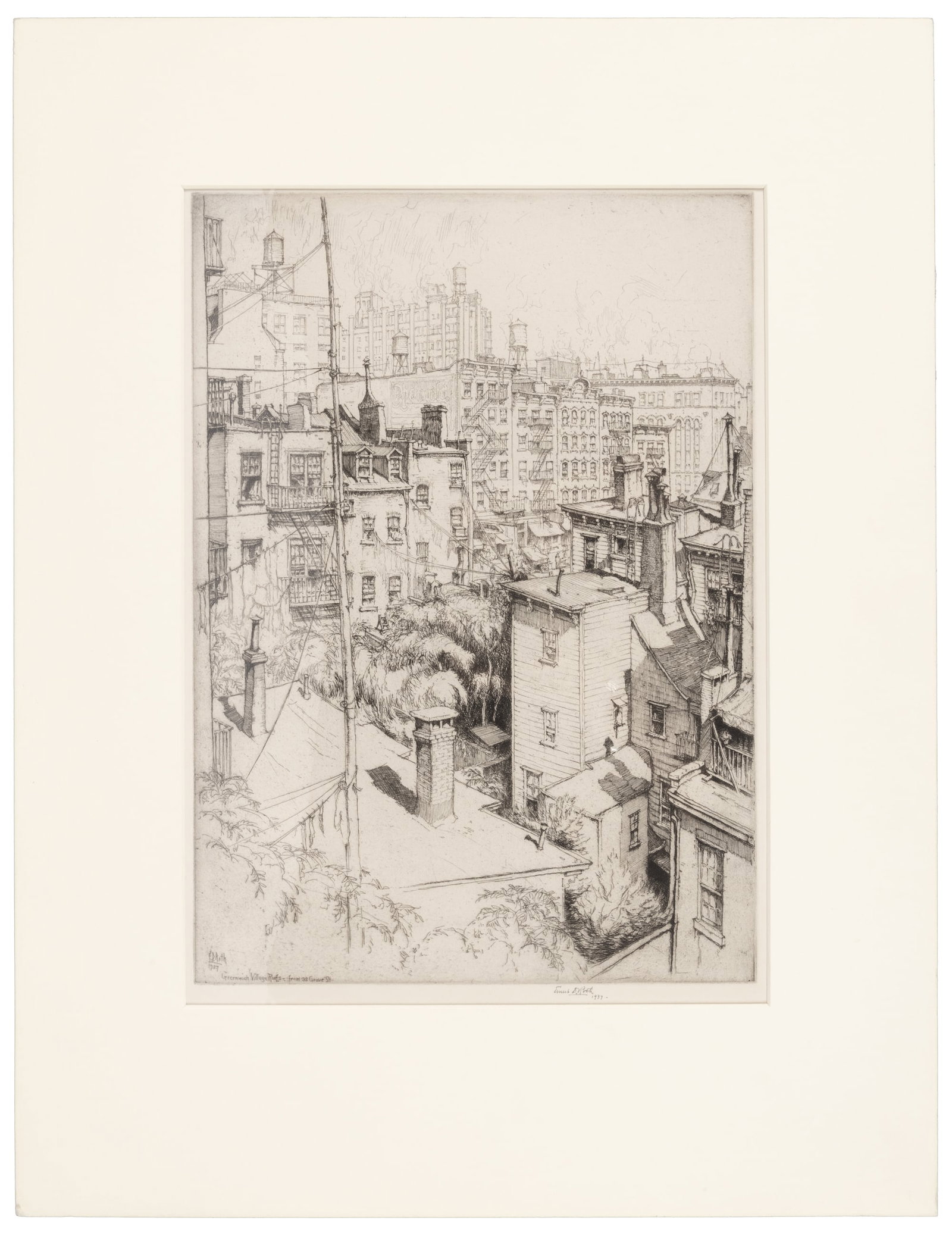 Greenwich Village Roofs signed by Roth: Heading: Author: Roth, Ernest David Title: Greenwich Village Roofs from 38 Grove St. Place Published: Publisher: Date Published: 1937 Description: Etching. Image: 35.2x24.7 cm (13