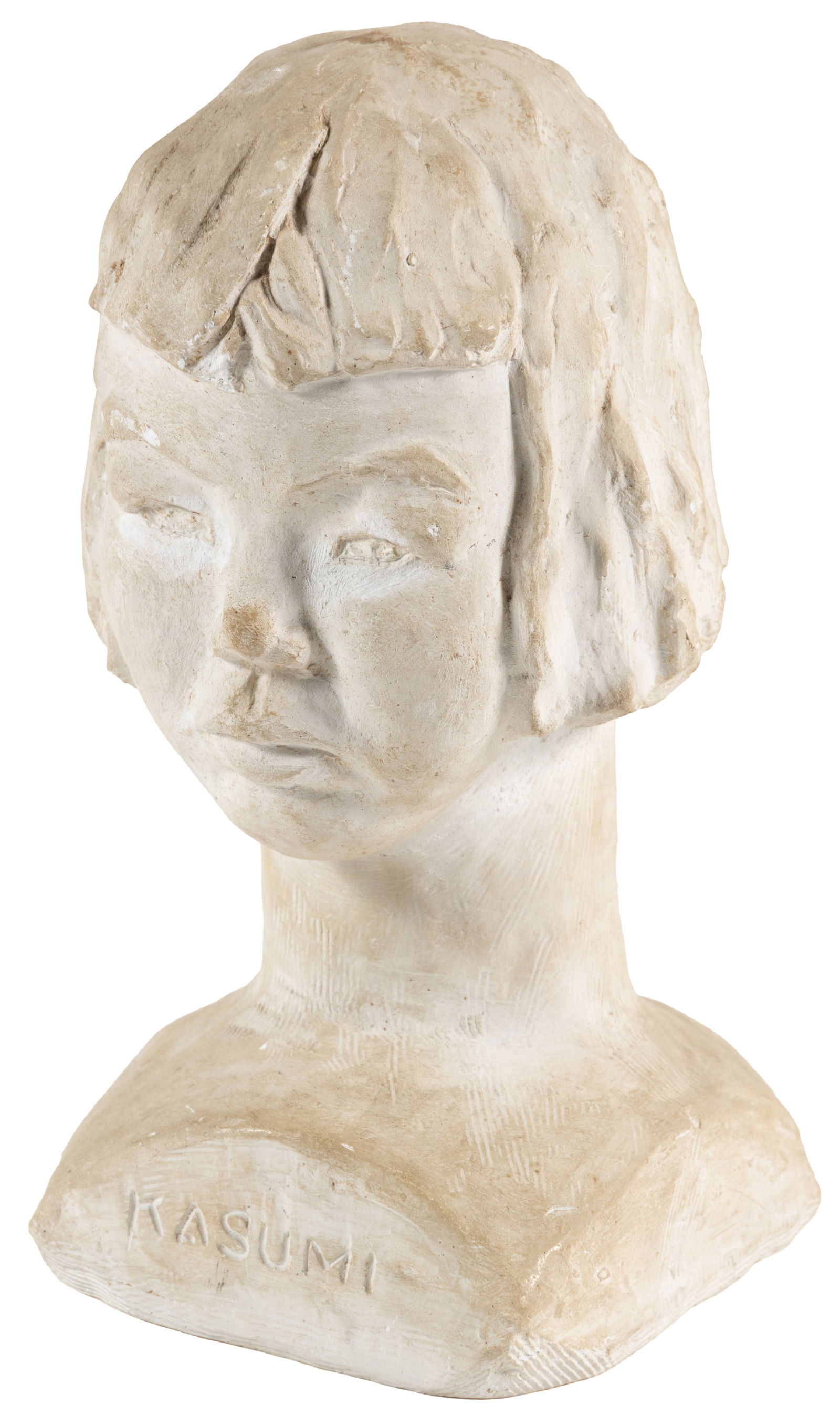 interned Issei sculpts his daughter, 1943: Heading: Author: Uno, Sadayuki Thomas Title: Kasumi" - plaster bust" Place Published: Arkansas Publisher: Date Published: 15846 Description: Plaster bust, titled on the front of th