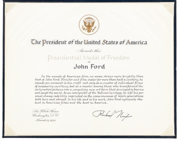John Ford Presidential Medal of Freedom Certificate Signed