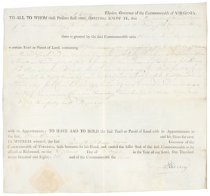 1786 Land Grant signed by Patrick Henry