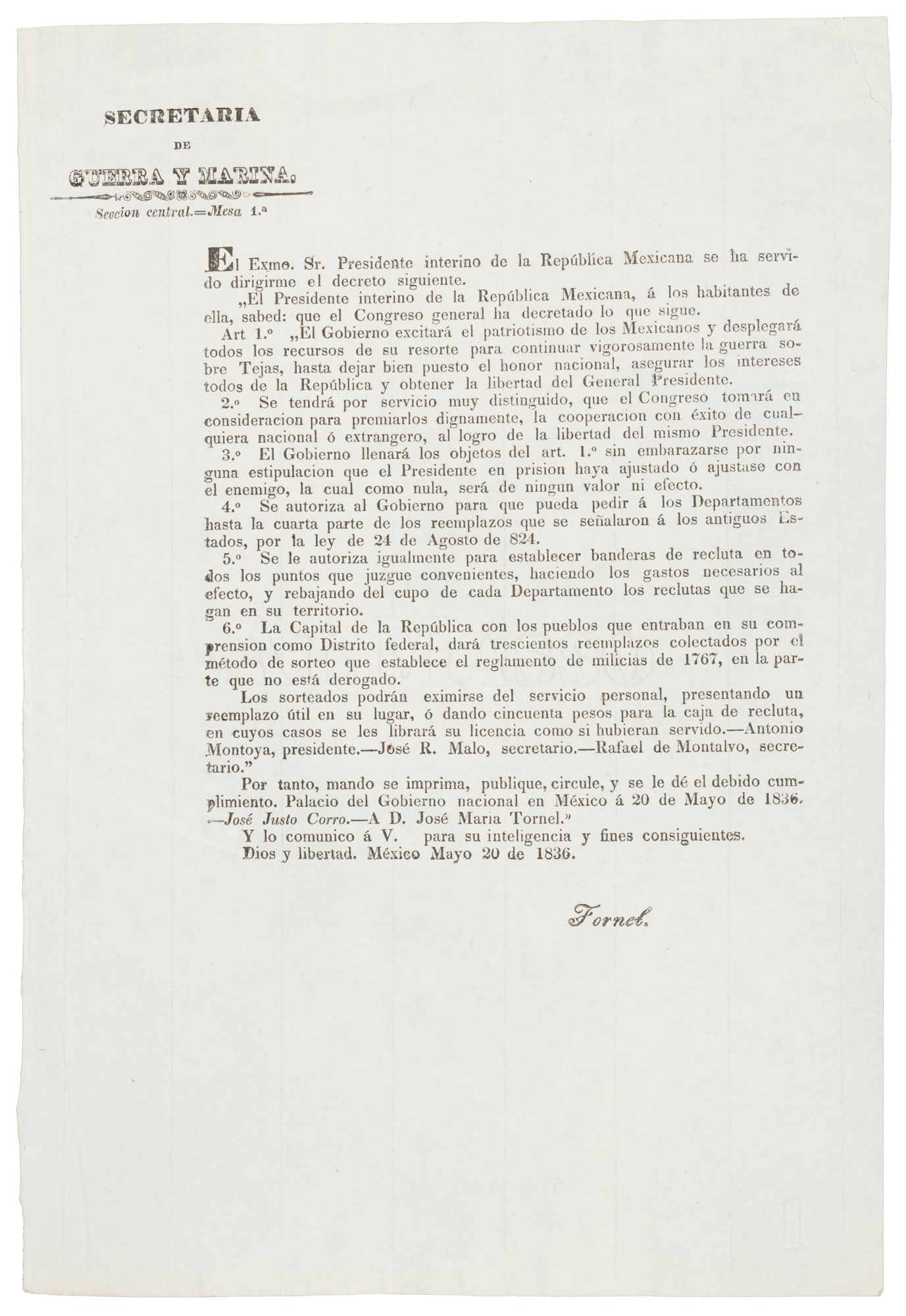 Mexican decree to free Santa Anna, 1836 (1 of 1)