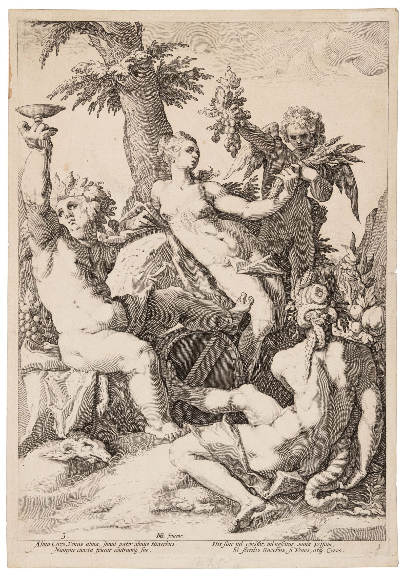 Henry Goltzius allegorical engraving c.1850: Heading: Author: Goltzius, Henry Title: Without Ceres and Bacchus, Venus would Freeze Place Published: Publisher: Date Published: c.1588 Description: Engraved Jacob Matham after H
