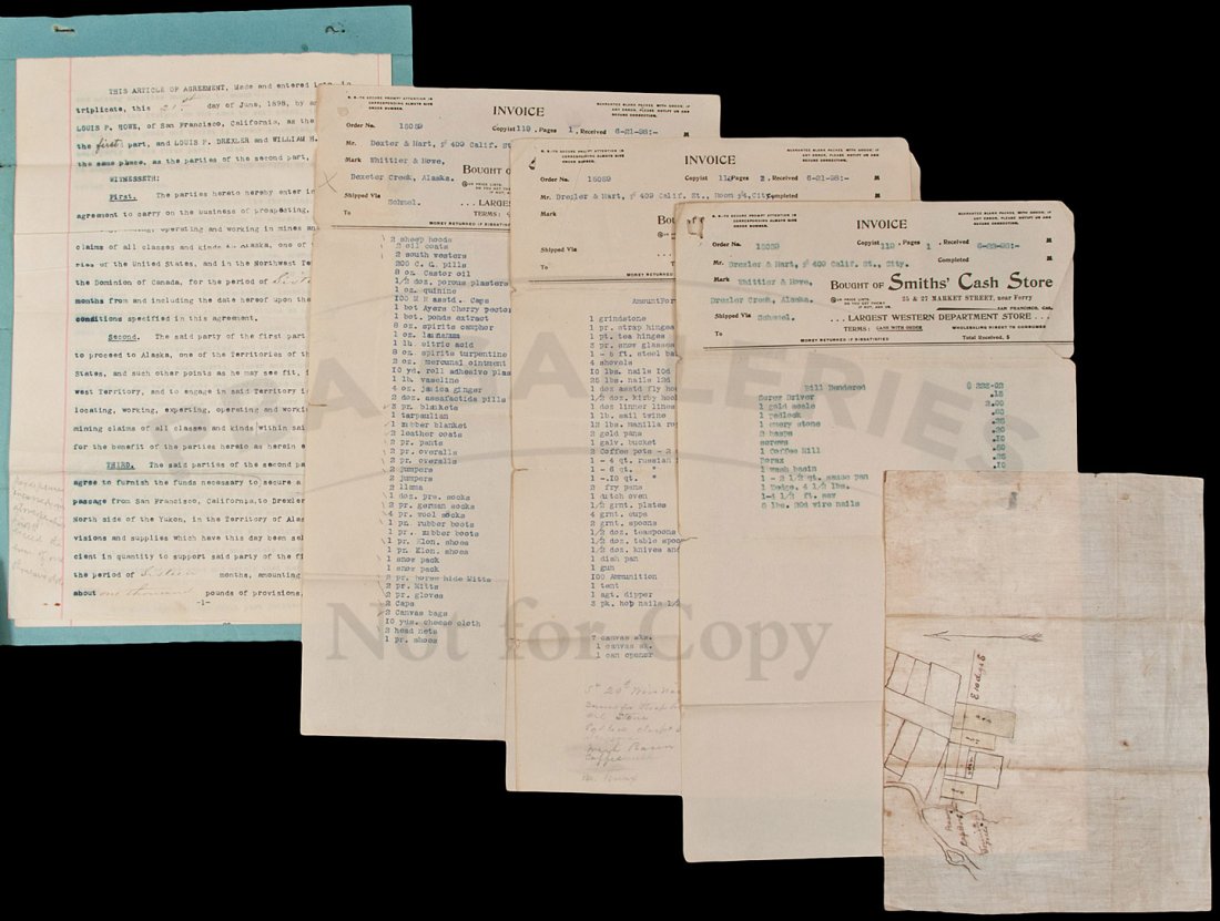 Agreement to mine gold in Alaska 1898: Title: Articles of agreement between a miner setting off to Alaska to hunt for gold, and his financial backers, plus invoice for goods Author: ** Description: 5 pp., typescript (carbon?) with ink ms. 