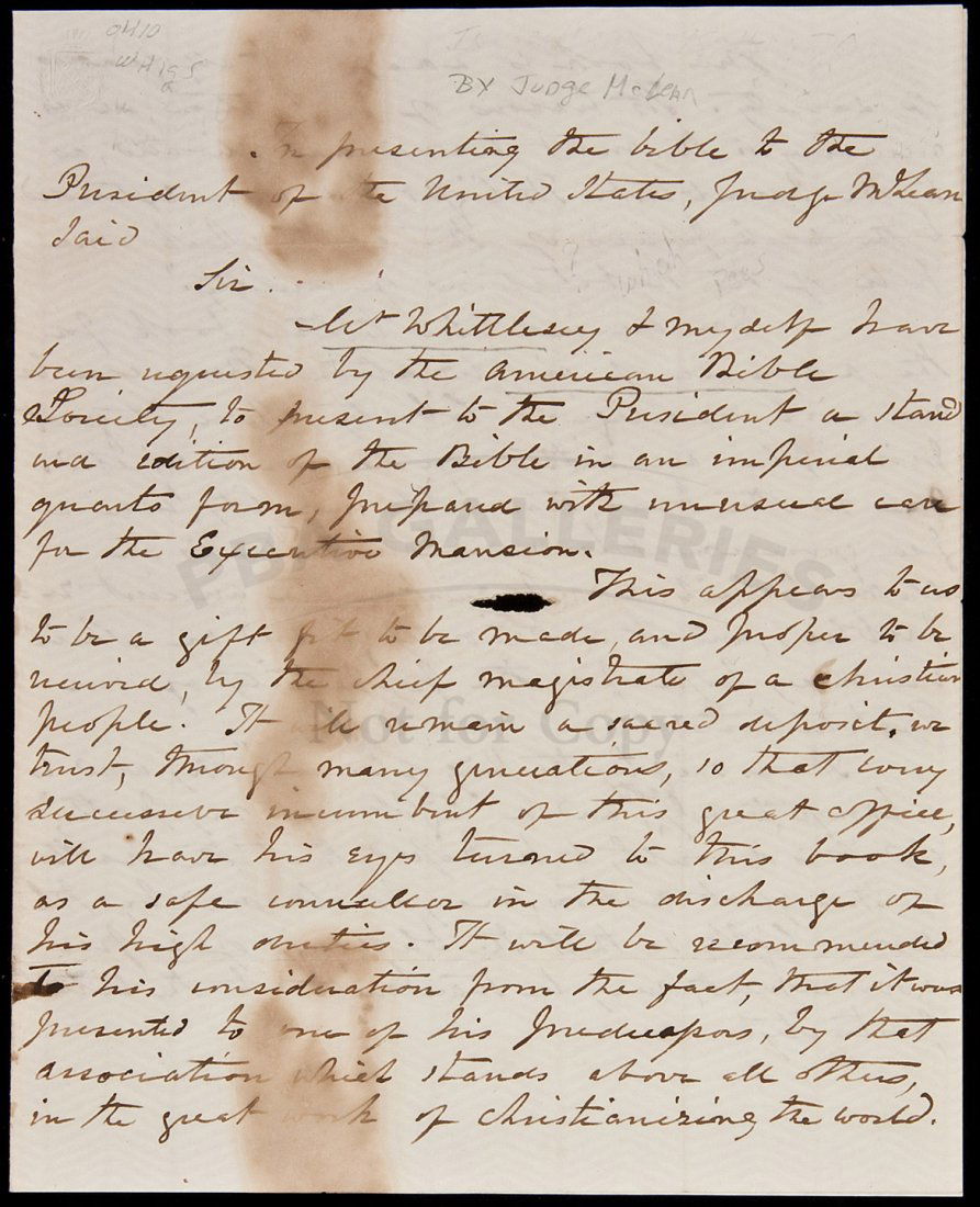 mss letter of Judge McLean of remarks to Pres: Title: Autograph letter recording the remarks made when John McLean and Elisha Whittlesey presented a Bible to President Taylor Author: [McLean, John] Description: 2 pp. Judge John McLean writes in hi